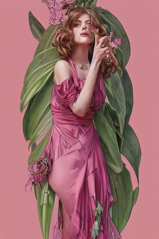 Prompt: ultra realistic illustration, transparant dress, banana plants drawing, pink background, elegant, highly detailed, digital painting, concept art, smooth, sharp focus, illustration, art by artgerm and greg rutkowski and alphonse mucha