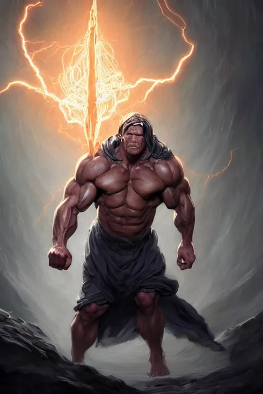 Image similar to full body portrait of john cena as a buff sorcerer casting a magical spell, tattered robe, by wlop and peter mohrbacher, dramatic action pose, extremely detailed shading, sharply focused, concept art, digital painting, trending on artstation, unreal engine 5, octane render, atmosphere, glow, cinematic lighting, full of color