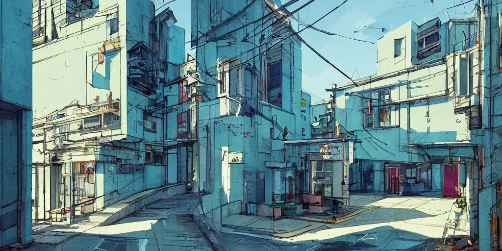 Image similar to neo brutralism, concrete housing, an archway, stairways, concept art, colorful, vivid colors, sunshine, light, shadows, reflections, oilpainting, cinematic, 3D, in the style of Akihiko Yoshida and Edward Hopper