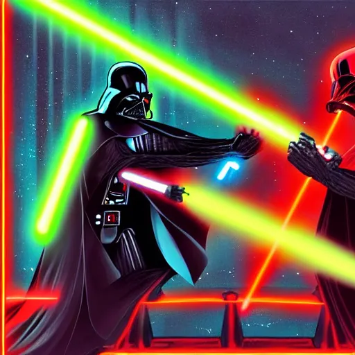 Image similar to darth vader fighting darth maul on a narrow bridge, neon, night, dark, lightsabers, spiderverse art style.