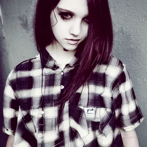 Prompt: female model teenage emo photography plaid skirt band shirt beautiful face