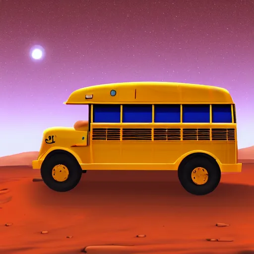Prompt: school bus driving on mars, digital art, 8k