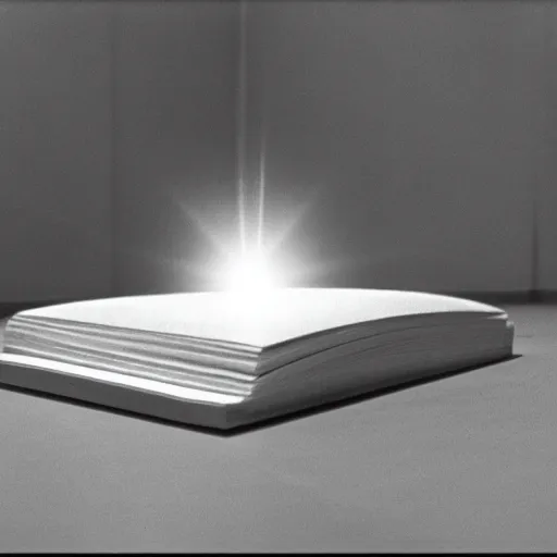 Prompt: a small open book floating in the middle of a large cubic white room with no objects, misterious, still from movie by stanley kubrick
