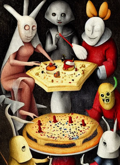 Image similar to fnafs eating cakes painted by hieronymous bosch, detailed digital art, trending on Artstation