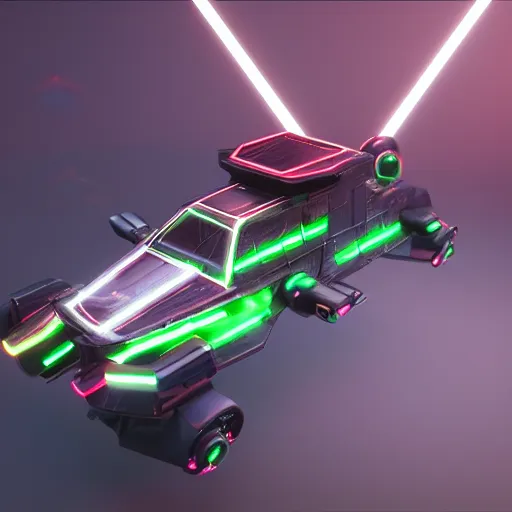 Prompt: full shot of a box - shaped sci - fi flying vehicle made from dark glass and plastic surfaces with neon kanji decals in the style of bladerunner 2 0 4 9, mini cooper s, side lights, studio lighting, octane render, light background