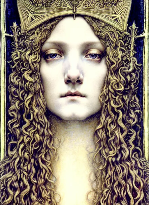 Image similar to detailed realistic beautiful young medieval queen face portrait by jean delville, gustave dore and marco mazzoni, art nouveau, symbolist, visionary, gothic, pre - raphaelite. horizontal symmetry