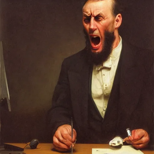 Image similar to an angry man yells at his computer monitor, oil on canvas, 1 8 8 3, highly detailed