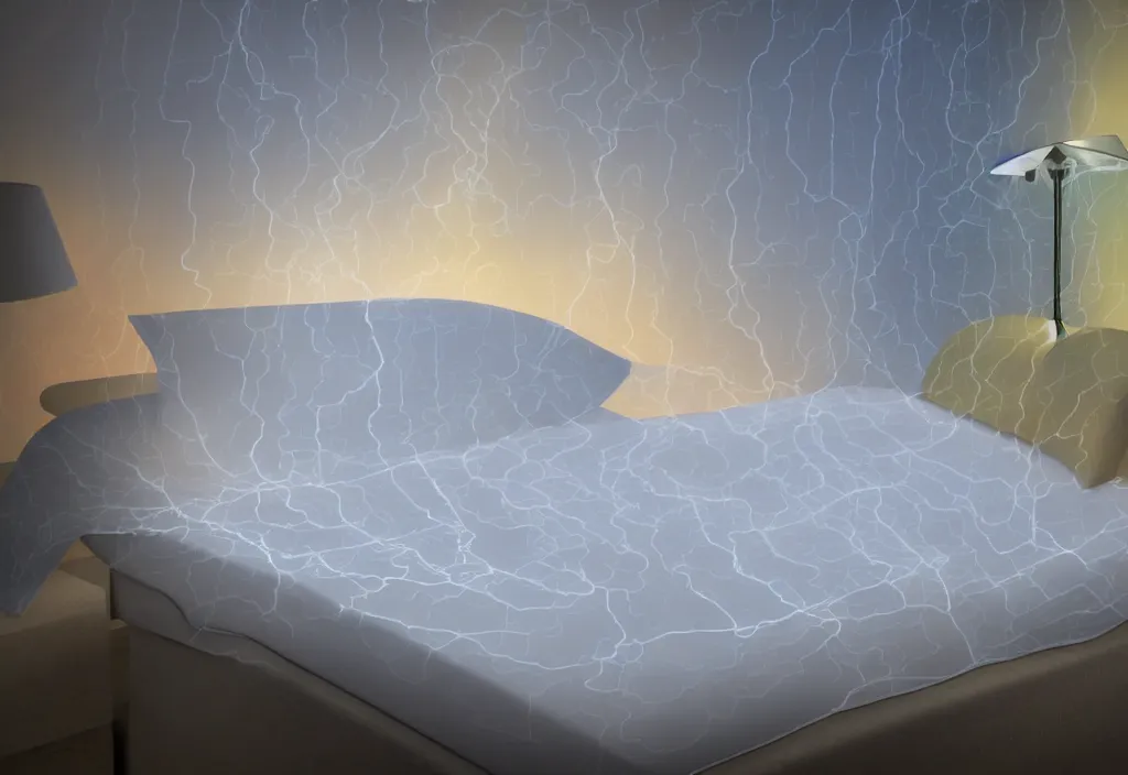 Prompt: curved translucent bedsheets with detailed florida storm weathermap, pixel perfect photograph, high contrast, volumetric lighting, thin glowing lights, bedroom, visor, users, pair of keycards on table