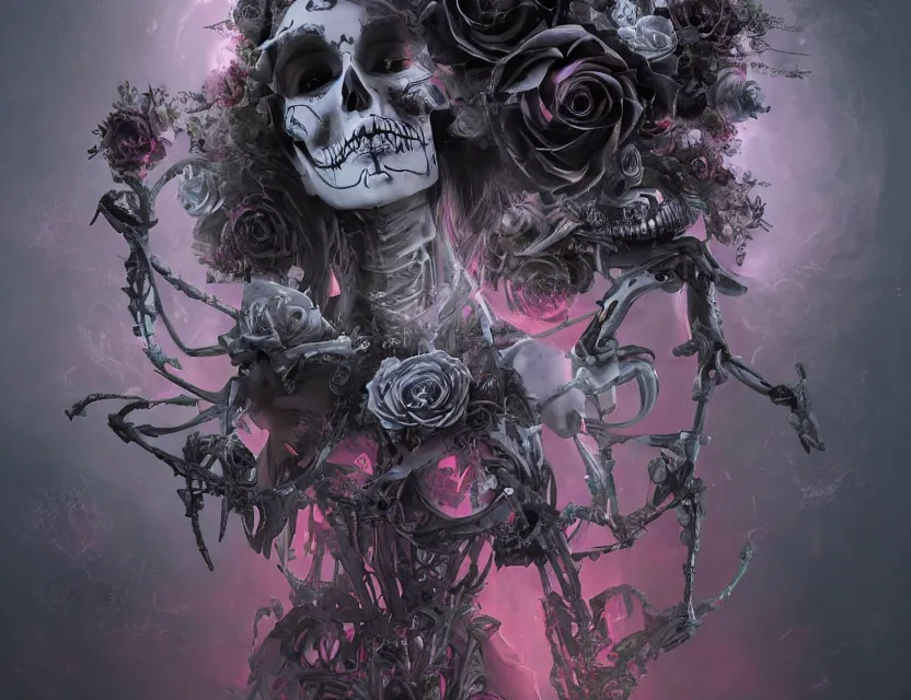 Image similar to a chaotic goddess of death skeleton as a heroine, intricate, elegant skull black rose s day of the dead atmospheric, dramatic, Trending on artstation. augmentations and cybernetic enhancements neon circuits, greg rutkowski , hyperrealist, cinema4D, 8k highly detailed