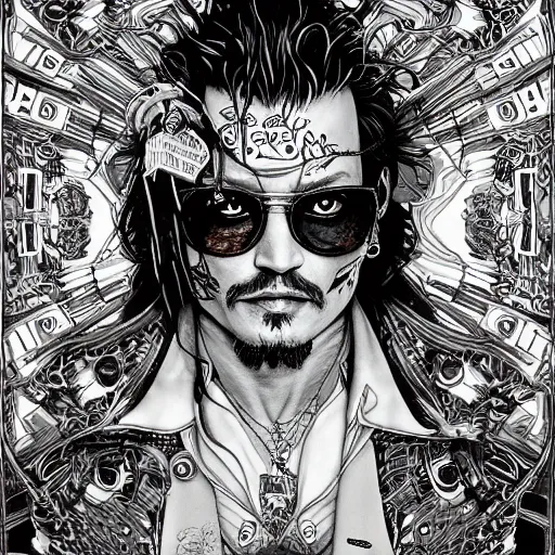 Image similar to portrait of crazyjohnny depp, symmetrical, by yoichi hatakenaka, masamune shirow, josan gonzales and dan mumford, ayami kojima, takato yamamoto, barclay shaw, karol bak, yukito kishiro