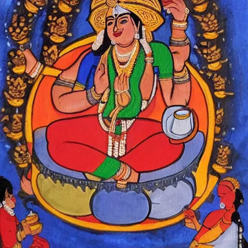 Image similar to a hindu epic painting of an office worker drinking coffee wearing an unstylish hat