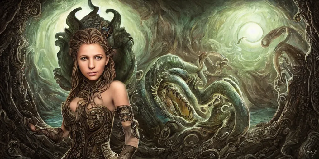 Image similar to Fantasy fairytale style portrait painting, Great Leviathan Turtle, cephalopod, Cthulhu Squid, hybrid, Mythic Island, center Universe, accompany Cory Chase, Blake Lively, Anya_Taylor-Joy, Grace Moretz, Halle Berry, Mystical Valkyrie, Anubis-Reptilian, Atlantean Warrior, hybrid, intense fantasy atmospheric lighting, digital oil painting, hyperrealistic, François Boucher, Michael Cheval, Oil Painting, Cozy, hot springs hidden Cave, candlelight, natural light, lush plants and flowers, Spectacular Mountains, bright clouds, luminous stellar sky, outer worlds, Jessica Rossier, michael whelan, William-Adolphe Bouguereau, Solar Flare HD,