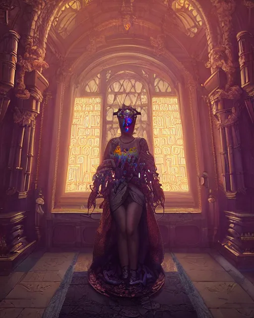 Image similar to highly detailed surreal vfx portrait of a cyberpunk queen in a majestic castle by golden tree, stephen bliss, unreal engine, greg rutkowski, loish, rhads, beeple, makoto shinkai and lois van baarle, ilya kuvshinov, rossdraws, tom bagshaw, alphonse mucha, global illumination, detailed and intricate environment