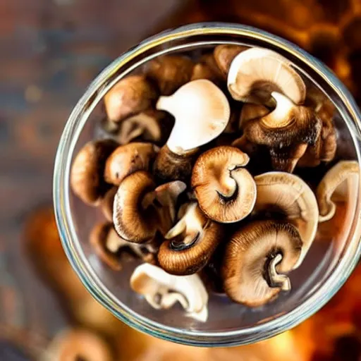 Prompt: mushrooms in a glass of wine