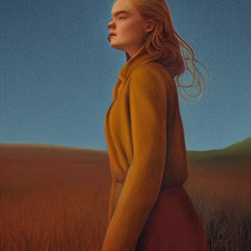 Prompt: Elle Fanning in a flaming field, head and shoulders masterpiece, apocalypse, golden hour, cosmic horror, artstation, in the style of Andrew Wyeth and Edward Hopper, extremely detailed