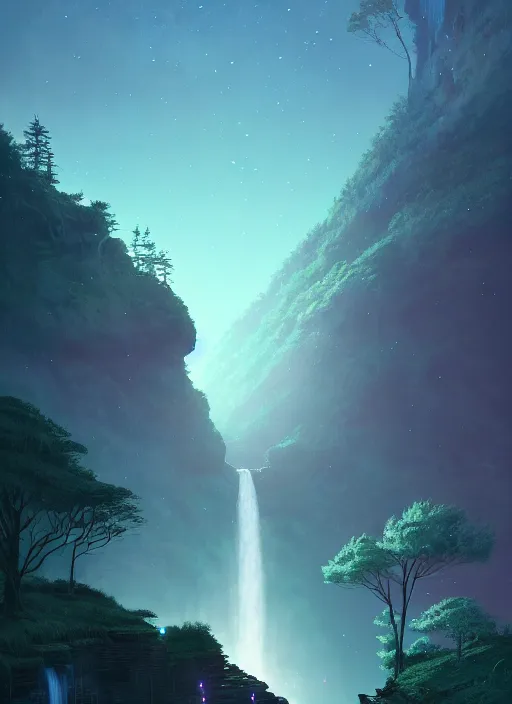 Image similar to a long capture photo of a magical waterfall, high cliff, night, stars in the sky cinematic lighting, insanely detailed, intricate, artstation, cgsociety, painted by Simon Stalenhag, concept art, illustration, sharp focus,Gediminas Pranckevicius