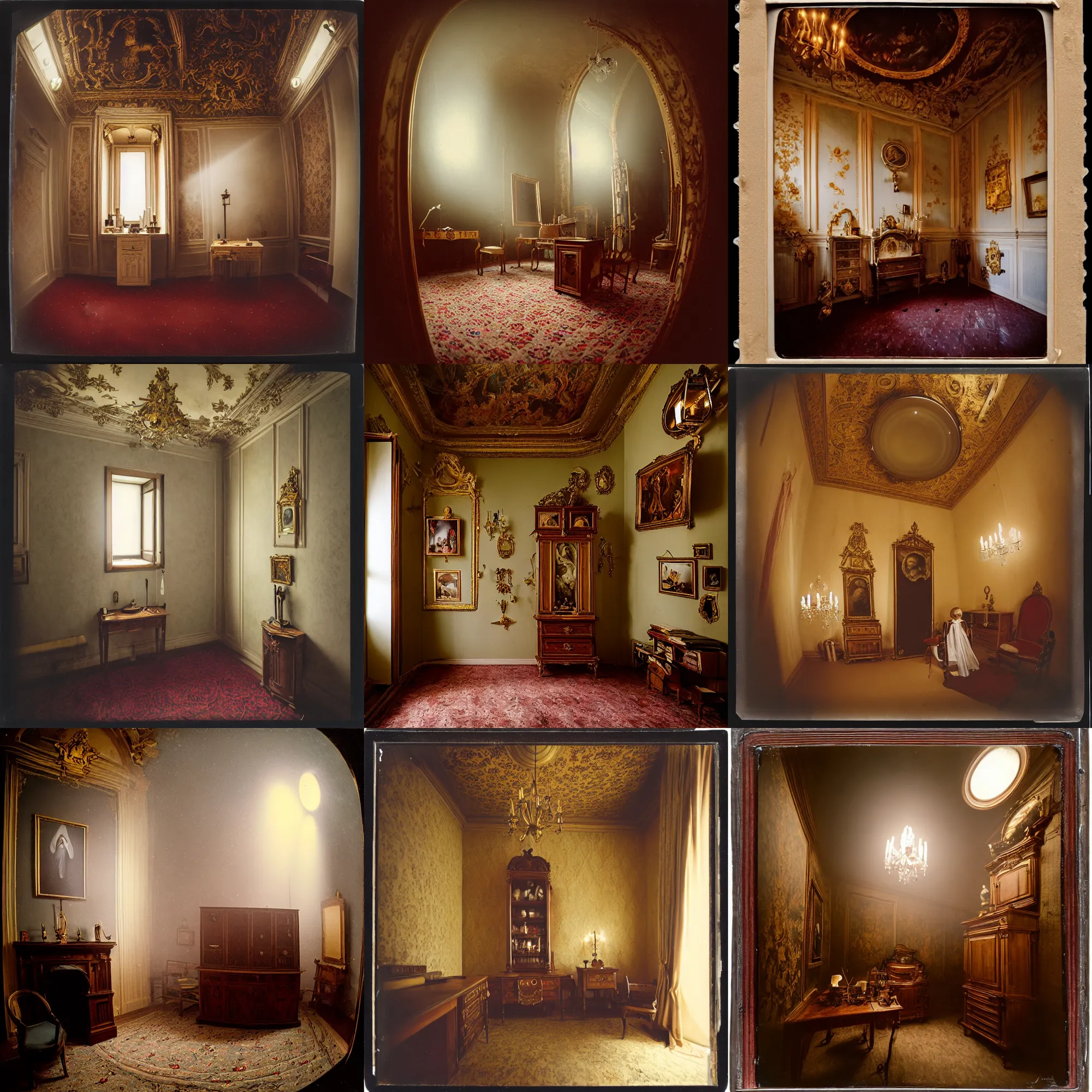 Prompt: kodak portra 4 0 0, wetplate, flashlight, 8 mm extreme fisheye, award - winning portrait by britt marling of a baroque sacristy in italy, picture frames, shining lamps, haze, dust, furniture, wallpaper, carpet, interior, muted colours