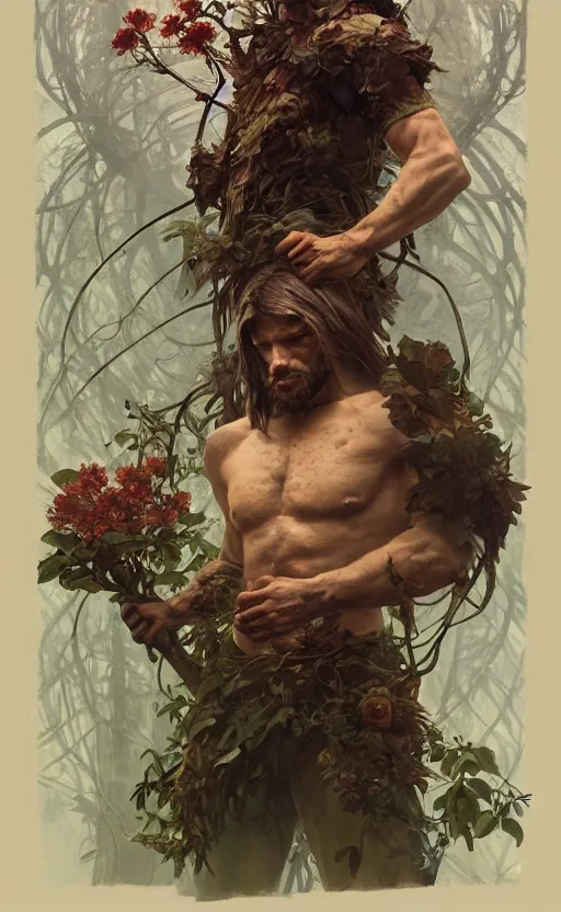 Image similar to god of the forest, rugged, handsome, male, detailed face, clean lines, atmospheric lighting, amazing, full body, thighs, flowers, muscular, intricate, highly detailed, digital painting, deviantart, concept art, sharp focus, illustration, art by greg rutkowski and alphonse mucha