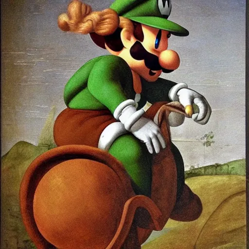 Prompt: luigi from super mario riding an osterich in a church, painting by leonardo da vinci, hyperrealistic