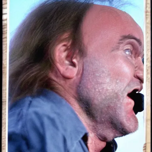 Prompt: phil collins with a mullet, crying and stomping his feet, throwing a fit, realistic photograph,