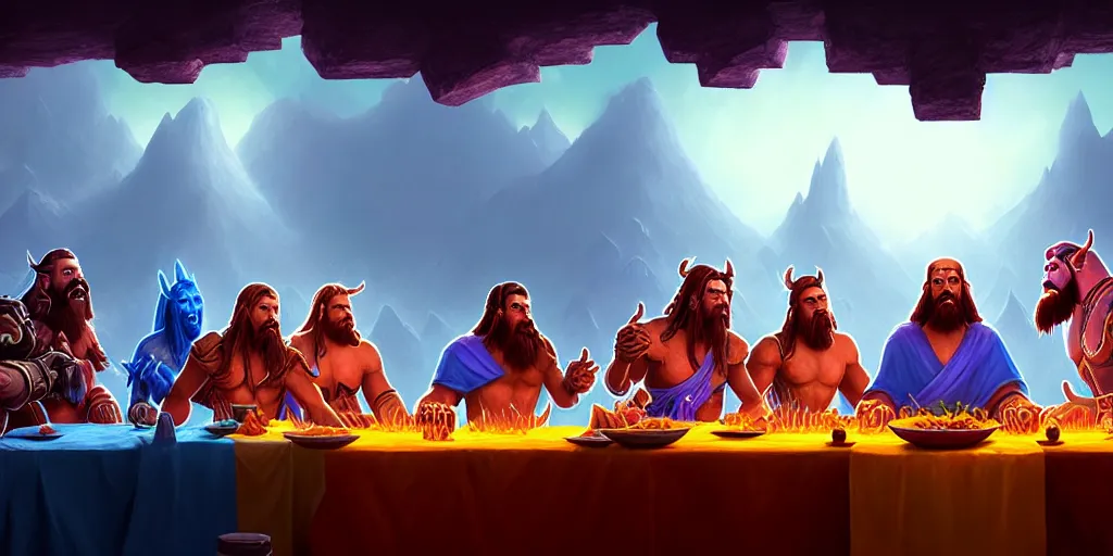 Prompt: world of warcraft last supper by beeple and greg rutkowski, digital painting, trending on artstation, sharp focus, 4 k