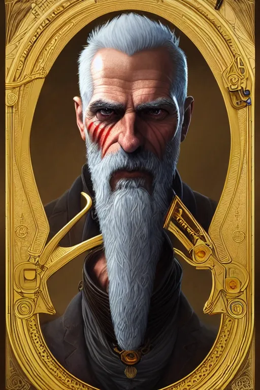 Prompt: portrait of a middle aged grey haired man in a monocle in the style of god of war, golden machine parts, intricate, elegant, highly detailed, digital painting, artstation, concept art, smooth, sharp focus, illustration, art by artgerm and greg rutkowski and alphonse mucha, 8 k