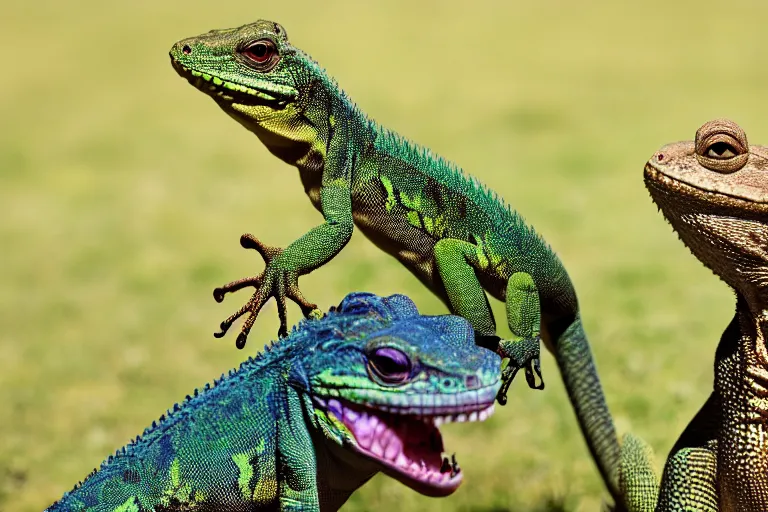 Prompt: photo of two lizards having an intense argument, comedy, depth of field