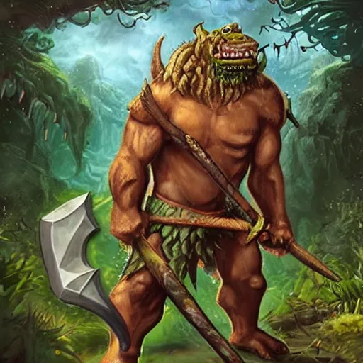 Prompt: giant orc and angler - fish hybrid beast holding an axe : : fantasy style : : jungle scenery