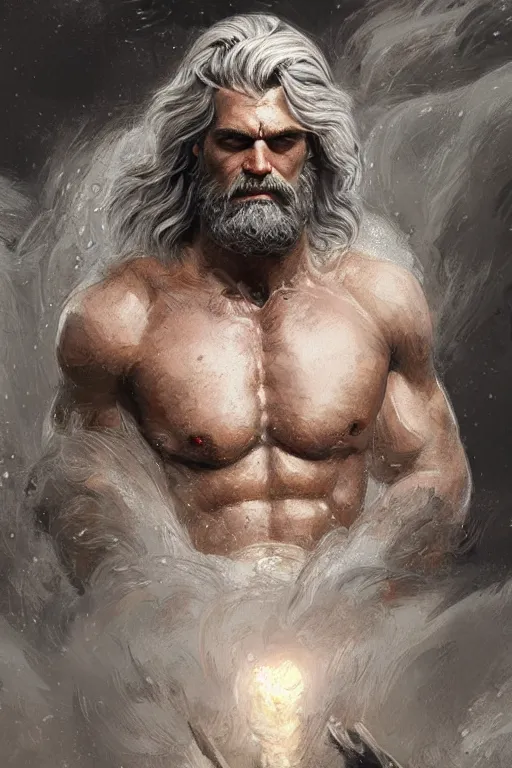 Prompt: painted portrait of rugged zeus, god of thunder, greek god, white hair, masculine, mature, handsome, upper body, muscular, hairy chest, fantasy, intricate, elegant, highly detailed, digital painting, artstation, concept art, smooth, sharp focus, illustration, art by gaston bussiere and greg rutkowski