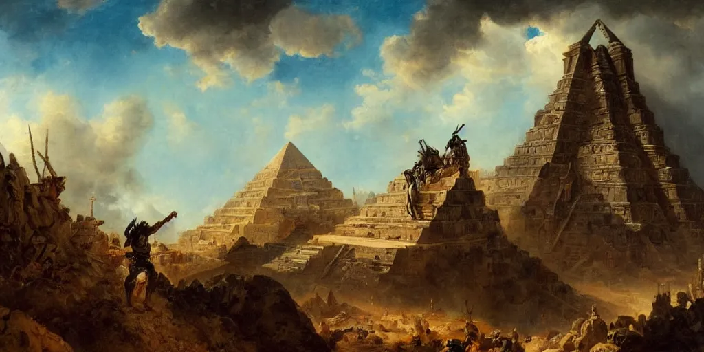 Image similar to hubert robert simonetti rutkowski epic painting aztec warrior watching spaceship starship in the sky, background is mesoamerican pyramid