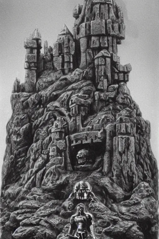 Prompt: castle grayskull from masters of the universe, portrait, silver iodide, 1 8 8 0 photograph, sepia tone, aged paper, sergio leone, master prime lenses, cinematic