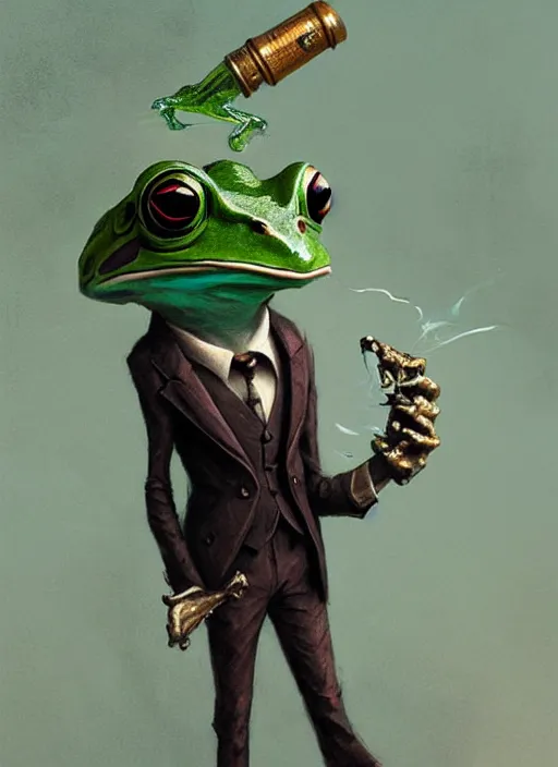 Prompt: frog mutant smokes pipe, wearing fancy suit,digital art,ultra realistic,ultra detailed,art by greg rutkowski,hyperdetailed,detailed face,professional lighting,dramatic,3 point lighting