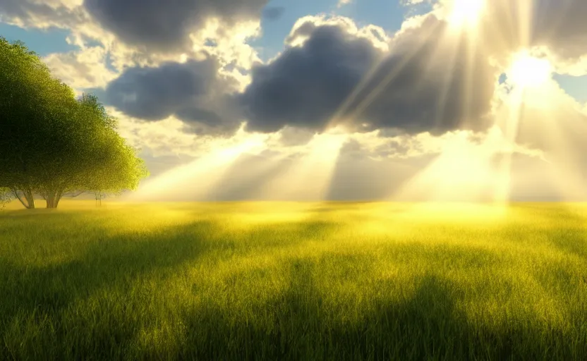 Image similar to a beautiful picture of good weather clouds over an idyllic meadow, bright god rays breaking through, intricate detail, sunrise, serene, hazy, volumetric lighting, volumetric clouds, 8 k, hyperrealistic, digital art trending on artstation