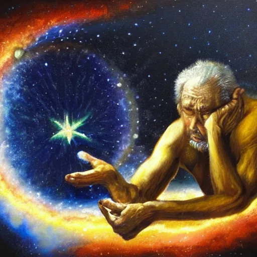 Prompt: a man frozen in time looking at a star explode as bits of the star fall down around him oil painting