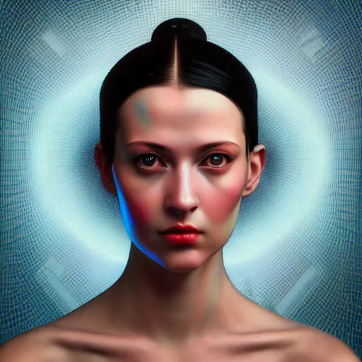 Image similar to hyperrealism aesthetic photography in caravaggio style quntum computer simulation visualisation of parallel universe cyberpunk scene with beautiful detailed ukrainian woman with detailed face and perfect eyes wearing ukrainian traditional shirt and wearing retrofuturistic sci - fi neural interface designed by josan gonzalez. hyperrealism photo on pentax 6 7, by giorgio de chirico volumetric natural light rendered in blender