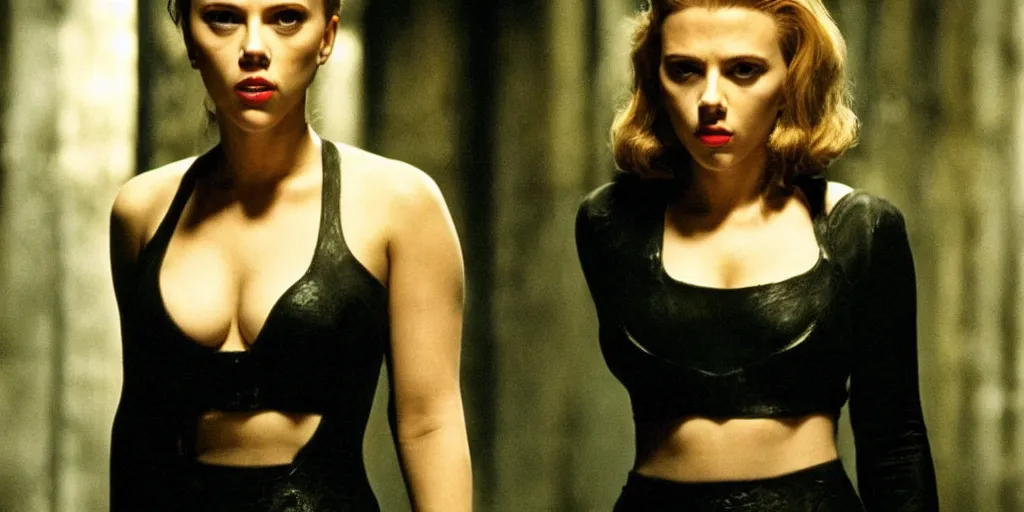 Prompt: Scarlett Johansson in a scene from the movie Dark City