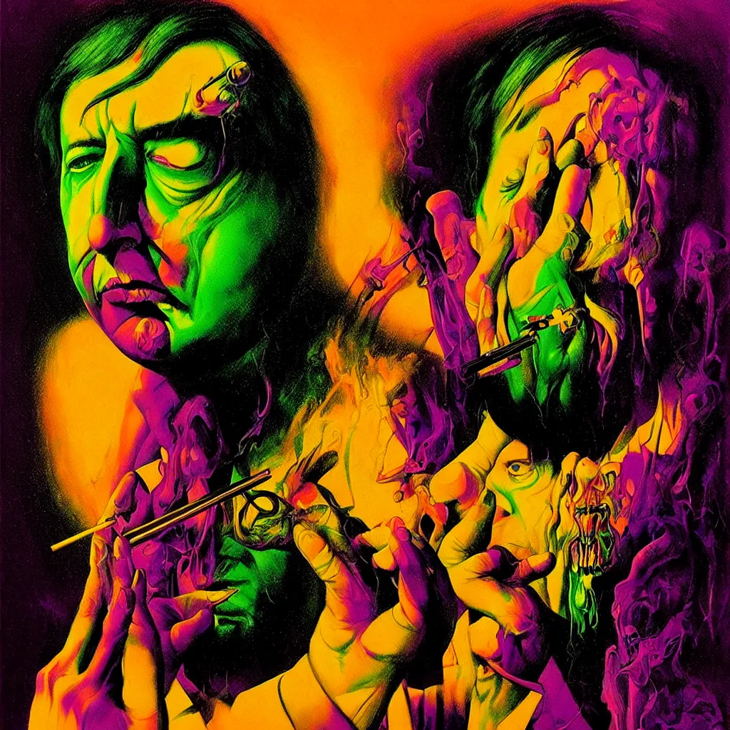 Image similar to psychedelic bright portrait of bill hicks smoking in the style of hans giger, alex grey, lynchian atmosphere, film noir, concept art, art by kuvshinov ilya and zdislav beksinski and wayne barlowe, vivid colors, yellow, purple, red, black, blue, green, orange, pink