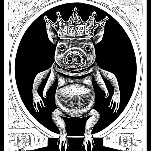 Prompt: intricate vintage scientific illustration of pig sitting on a old throne with arms crossed wearing crown by Shepard Fairey, black and white, detailed, concept art, artstation