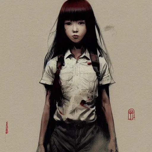 Image similar to full body portrait of a korean schoolgirl with long hair and bangs, her arms are mutating into thin red tedrils, dramatic lighting, illustration by Greg rutkowski, yoji shinkawa, 4k, digital art, sci-fi horror concept art, trending on artstation