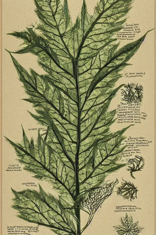 Prompt: scan of the cursed leaves of an old cursed herbarium, by john howe, infographic, textbook, marginalia, cursed, alien