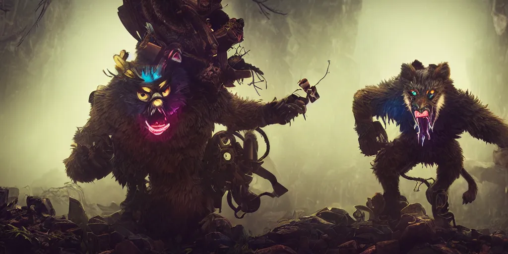 Image similar to woodsman wearing a steampunk and neonpunk mechanical fluorescent mystical animal mask in strange misty rocky landscape fight with werewolf, night, realism in style of fornite game, 4 k, octane render, award winning photograph, epic cinematic shot, perfectly defined features, ambient occlusion