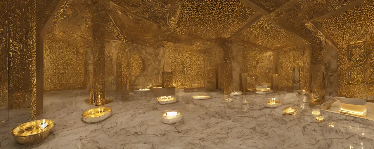 Prompt: interior of a double height luxury spa with everything made of gold, candles, beige marble floor, wellness pool, intricate hieroglyph detailed roof, contemporary design, sacred geometry, 8 k, hyperrealistic, photorealism, windows with view to wadi al disah mountains