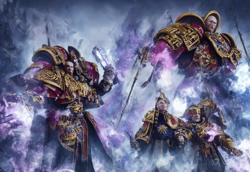 Image similar to portrait of vladimir putin as emperor and dmitryi medvedev as fulgrim in warhammer 4 0 k, 4 k, 8 k, octane render