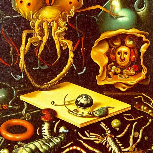 Prompt: disturbing colorful oil painting dutch golden age vanitas still life with bizarre mechanical objects strange gooey surfaces shiny metal bizarre mutant insects rachel ruysch dali todd schorr very detailed perfect composition rule of thirds masterpiece canon 5 0 mm, cinematic lighting, photography, retro, film, kodachrome