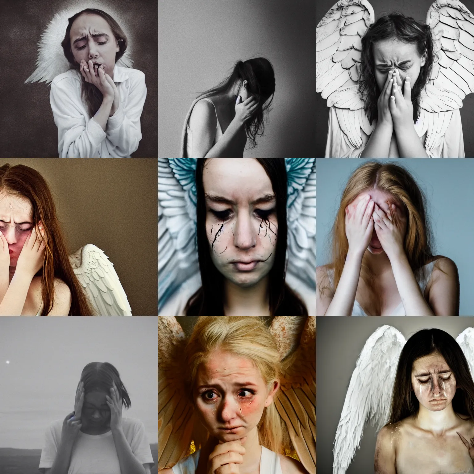 Prompt: an overexposed photograph of when an angel-girl cries, stressed, deteriorating wings