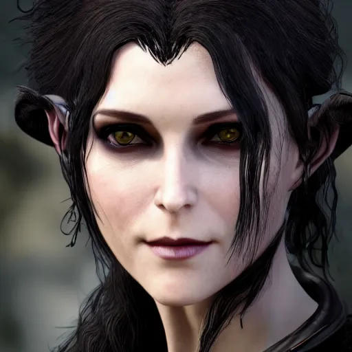 Prompt: yennefer as a medieval fantasy tolkien elf, dark purplish hair tucked behind ears, wearing leather with a fur lined collar, wide face, muscular build, scar across the nose, cinematic, character art, real life, 8 k, detailed.