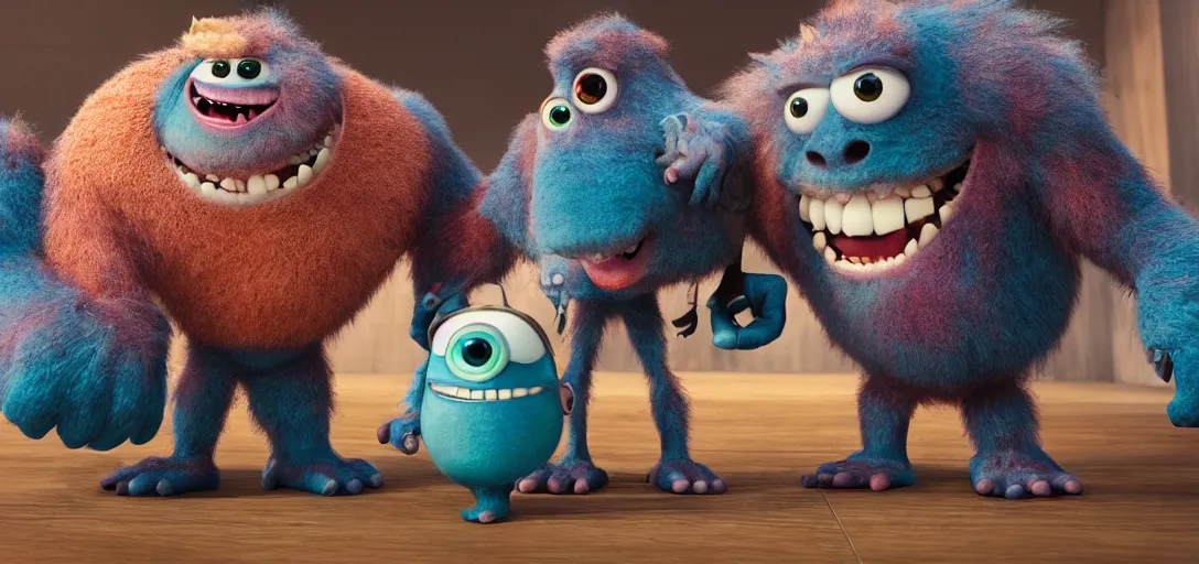 Image similar to a cinematic image of a cute and adorable pixar monster, 4k, 100mm, full monster in frame