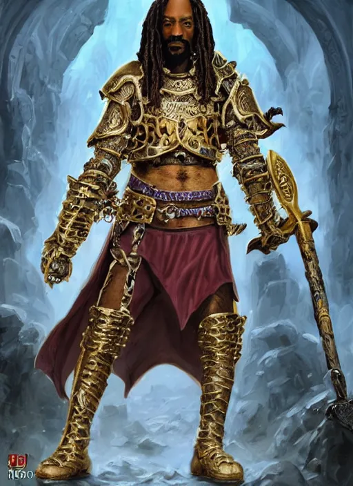 Image similar to snoop dogg as a barbarian, short beard, grumpy, intricate plate armor, purple robes, Ivan Aivakovsky, Boris Vallejo, epic fantasy character art, D&D Concept Art, full length, Realistic, Regal, Refined, Detailed Digital Art, Oil Paining, Exquisite detail, post-processing, masterpiece, Cinematic Lighting, Unreal Engine, 8k, HD, Stanley Artgerm Lau, WLOP, Rossdraws, Frank Frazetta, Andrei Riabovitchev, Marc Simonetti, trending on artstation,