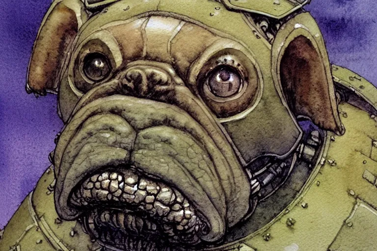 Image similar to a simple and atmospheric watercolour fantasy character concept art portrait of a mechanized android bulldog as a druidic warrior wizard looking at the camera with an intelligent gaze, very muted colors, by rebecca guay, michael kaluta, charles vess and jean moebius giraud