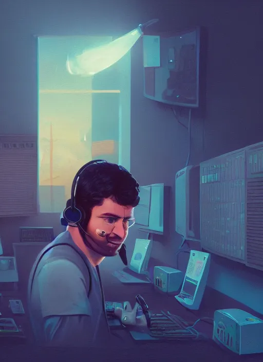 Prompt: portrait of a telemarketer wearing a headset, appearing out of puffy steam, Alena Aenami, Petros Afshar, Noah Bradley, Anton Fadeev, Anato Finnstark, Steve Henderson, Filip Hodas, Mark Keathley, Thomas Kinkade, Phil Koch, Gilbert Williams, Mike Winkelmann, Beeple